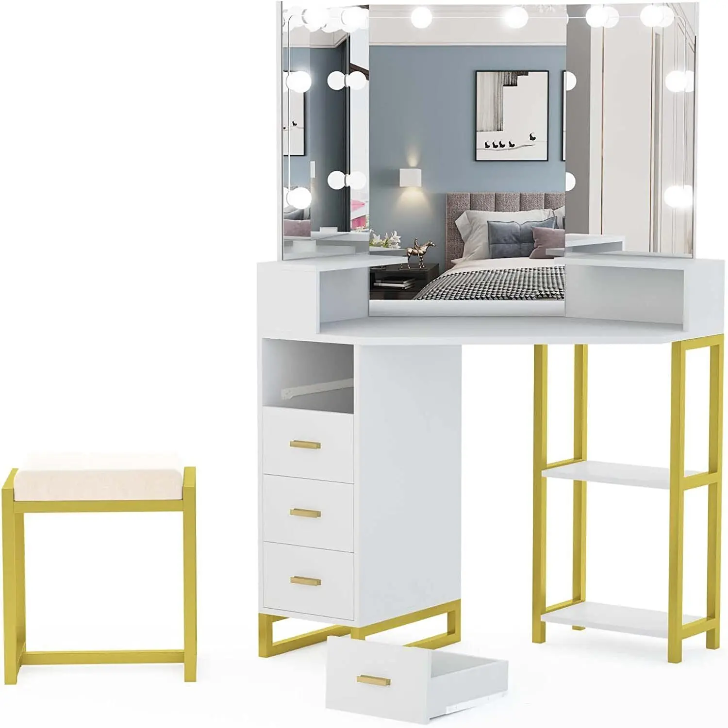 Beauty Makeup Vanity Set - LED照明付きミラー付きビューティーバニティセット メイクアップドレッシングテーブル ドレッサーデスク スツール付き 屋内寝室用家具用