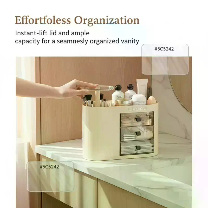 自動プッシュリフト式メイクアップオーガナイザー、大型引き出し - Beauty Makeup Vanity Set のレビューと価格