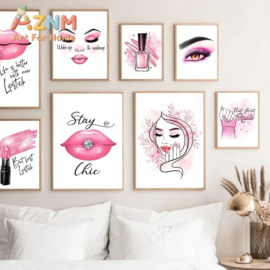 AZNM フレームレスキャンバス壁掛けアート、ピンクのメイク - Beauty No Makeup のレビューと価格