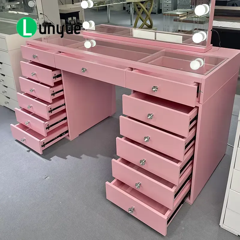 ピンク色の木製ドレッサー。鏡と引き出し付き。寝室や家庭用家具 - Beauty Makeup Vanity Set のレビューと価格
