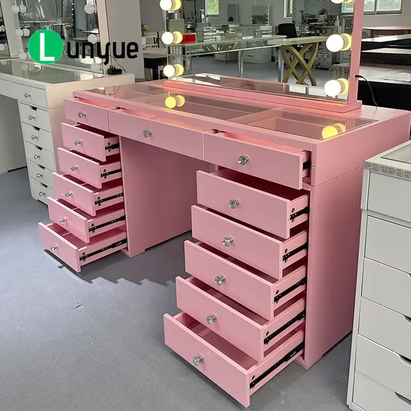 ピンク色の木製ドレッサー。鏡と引き出し付き。寝室や家庭用家具 - Beauty Makeup Vanity Set のレビューと価格